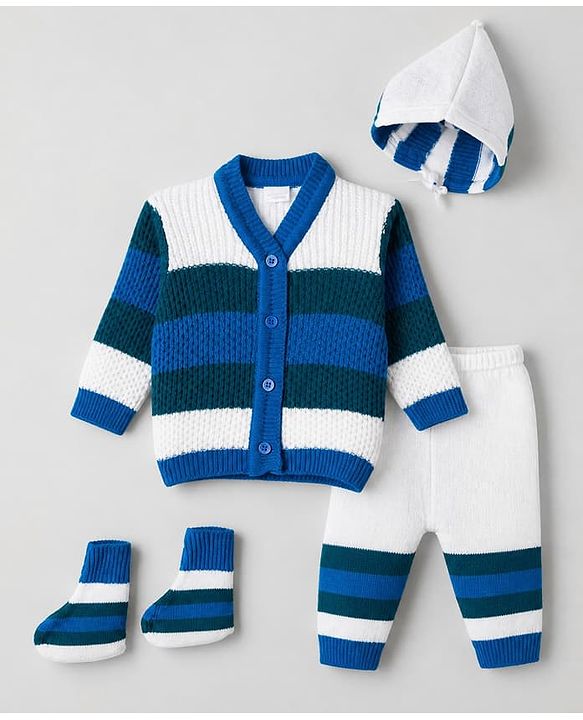 Babyhug Knit Full Sleeves Sweater Set With Cap Booties & Stripes Design - White