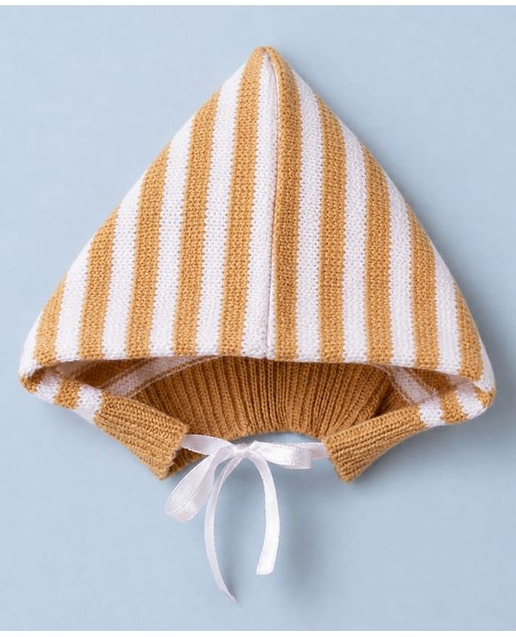 Babyhug Knit Full Sleeves Sweater Set With Cap Booties & Stripes Design - White & Light Brown