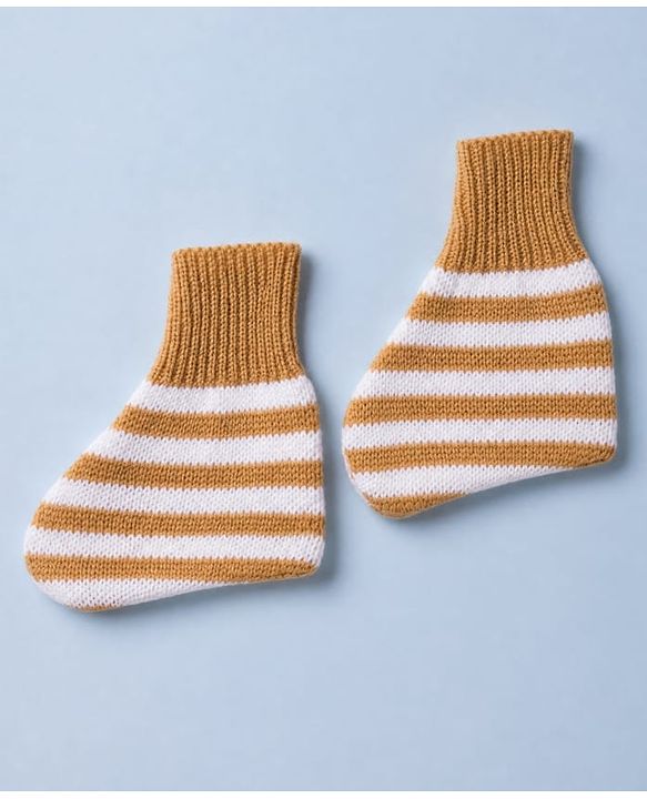 Babyhug Knit Full Sleeves Sweater Set With Cap Booties & Stripes Design - White & Light Brown