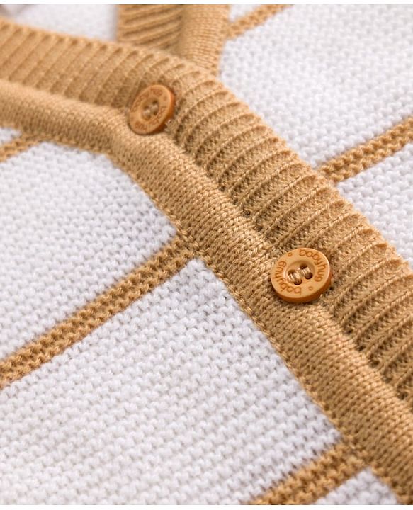 Babyhug Knit Full Sleeves Sweater Set With Cap Booties & Stripes Design - White & Light Brown