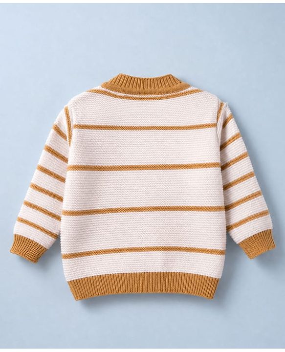 Babyhug Knit Full Sleeves Sweater Set With Cap Booties & Stripes Design - White & Light Brown