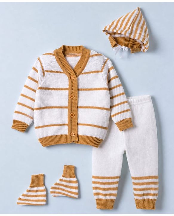Babyhug Knit Full Sleeves Sweater Set With Cap Booties & Stripes Design - White & Light Brown