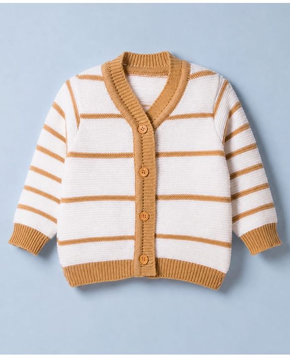 Babyhug Knit Full Sleeves Sweater Set With Cap Booties & Stripes Design - White & Light Brown