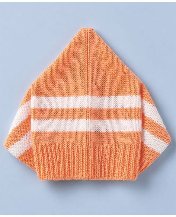 Babyhug Knit Full Sleeves Sweater Set and Cap with Booties and Striped Print in Orange