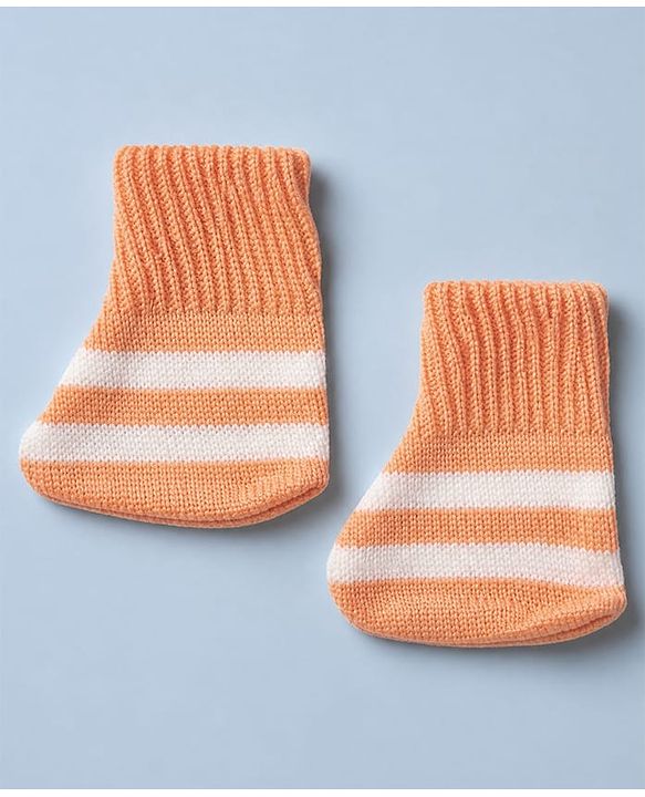 Babyhug Knit Full Sleeves Sweater Set and Cap with Booties and Striped Print in Orange