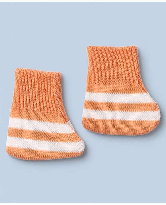 Babyhug Knit Full Sleeves Sweater Set and Cap with Booties and Striped Print in Orange