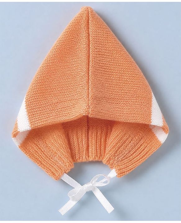 Babyhug Knit Full Sleeves Sweater Set and Cap with Booties and Striped Print in Orange
