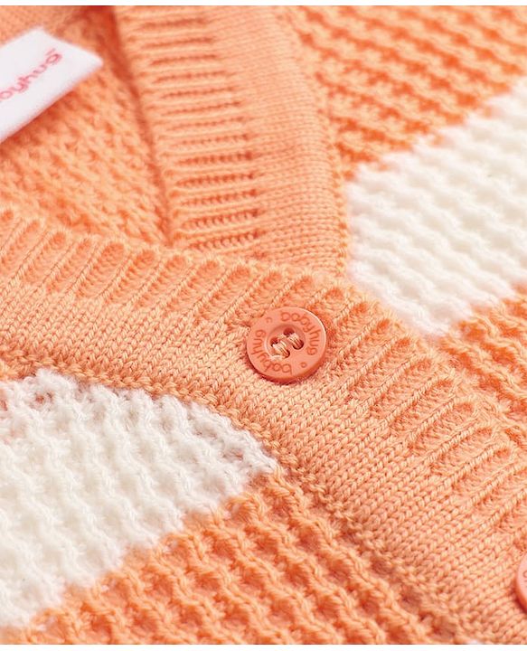 Babyhug Knit Full Sleeves Sweater Set and Cap with Booties and Striped Print in Orange