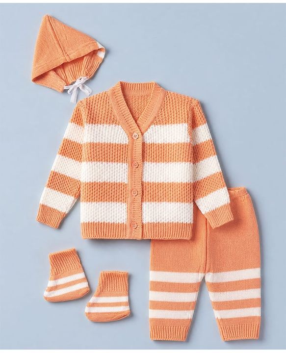 Babyhug Knit Full Sleeves Sweater Set and Cap with Booties and Striped Print in Orange