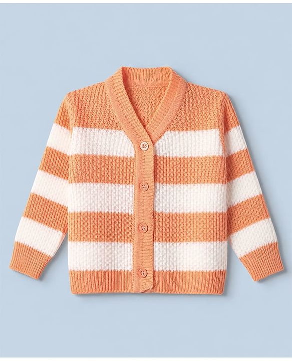 Babyhug Knit Full Sleeves Sweater Set and Cap with Booties and Striped Print in Orange