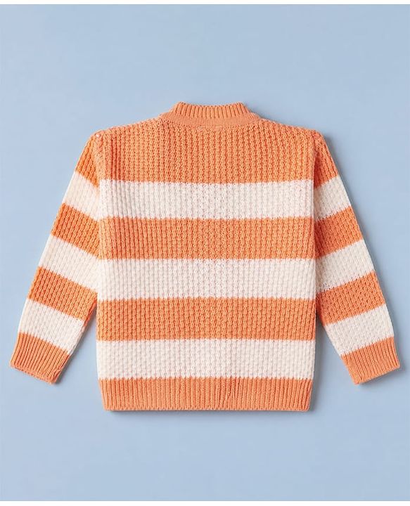 Babyhug Knit Full Sleeves Sweater Set and Cap with Booties and Striped Print in Orange