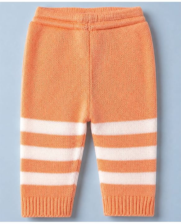 Babyhug Knit Full Sleeves Sweater Set and Cap with Booties and Striped Print in Orange