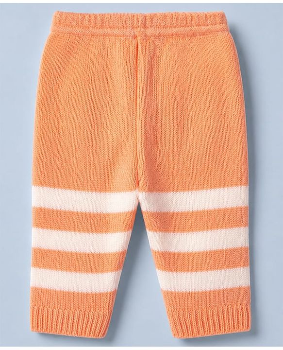 Babyhug Knit Full Sleeves Sweater Set and Cap with Booties and Striped Print in Orange
