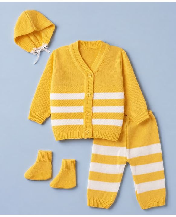 Babyhug Knit Sweater Set and Cap and Booties with Full Sleeves and Stripes Design in Yellow for Preemie-Preemie