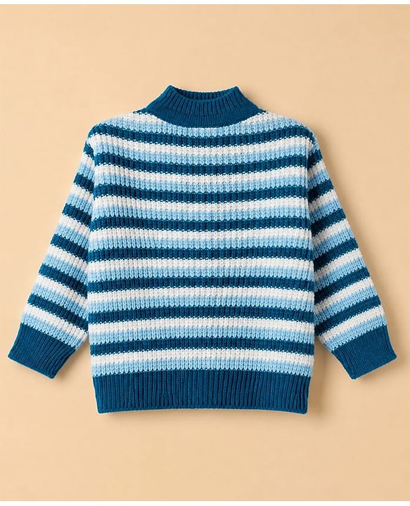 Babyhug Knit Full Sleeves Sweater Set With Cap & Booties and Striped Print in Navy Blue