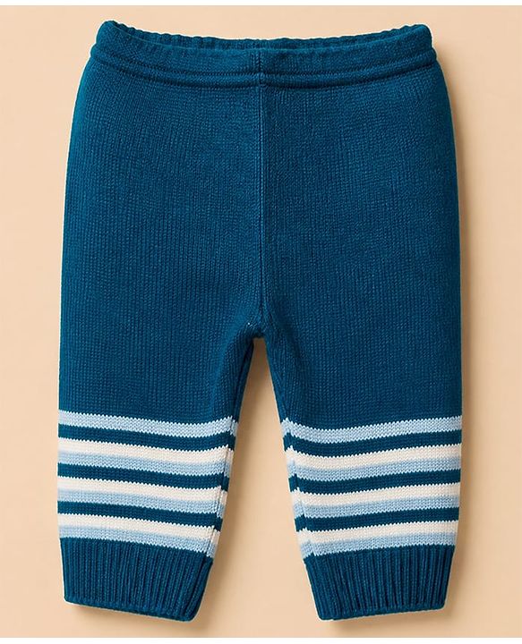Babyhug Knit Full Sleeves Sweater Set With Cap & Booties and Striped Print in Navy Blue