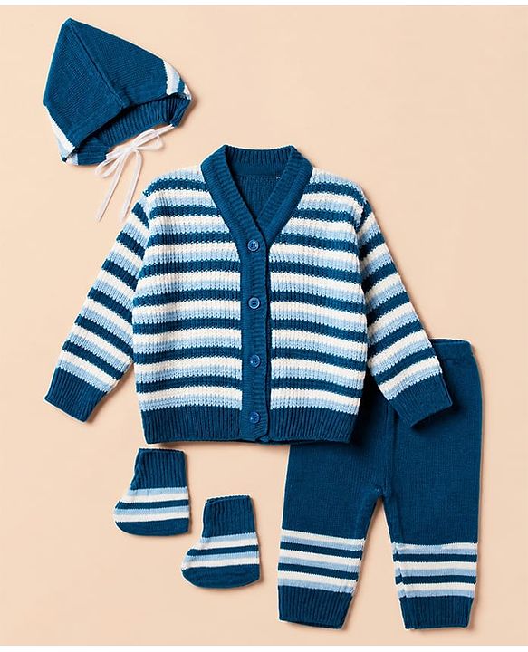 Babyhug Knit Full Sleeves Sweater Set With Cap & Booties and Striped Print in Navy Blue
