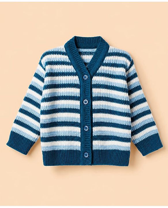 Babyhug Knit Full Sleeves Sweater Set With Cap & Booties and Striped Print in Navy Blue
