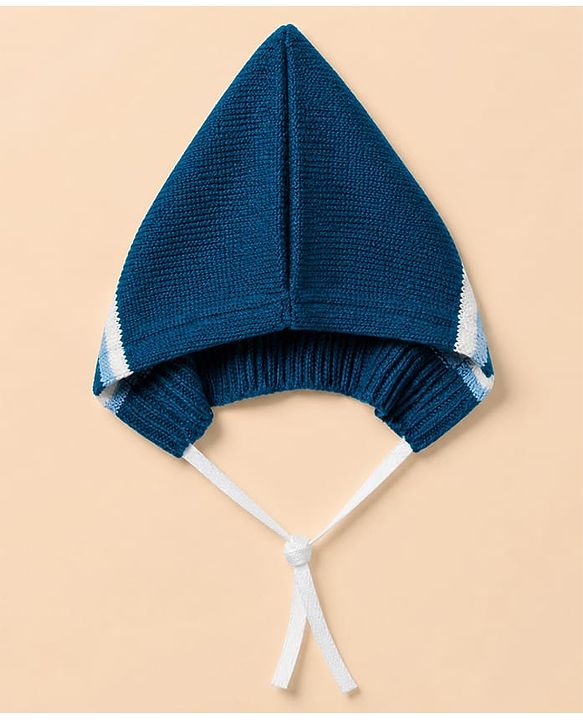 Babyhug Knit Full Sleeves Sweater Set With Cap & Booties and Striped Print in Navy Blue