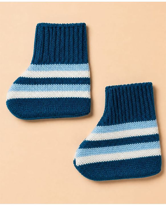 Babyhug Knit Full Sleeves Sweater Set With Cap & Booties and Striped Print in Navy Blue