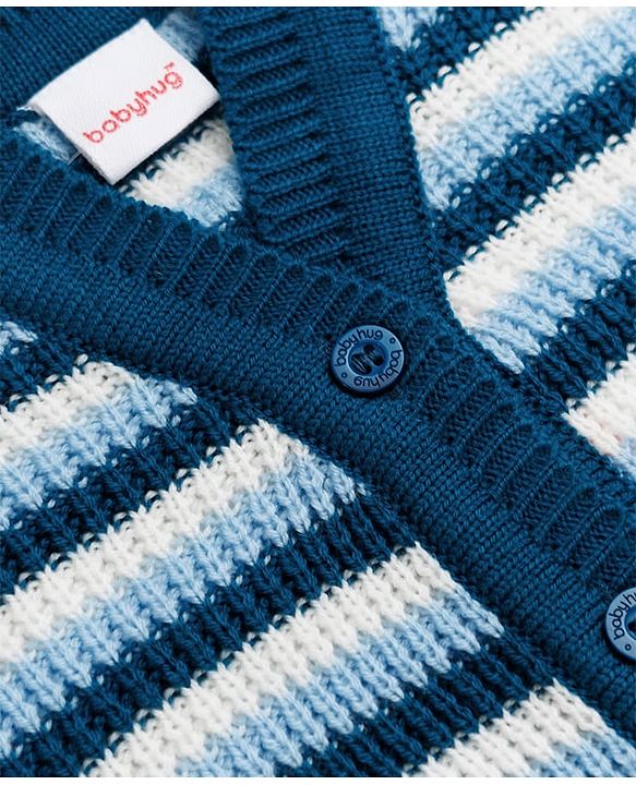 Babyhug Knit Full Sleeves Sweater Set With Cap & Booties and Striped Print in Navy Blue