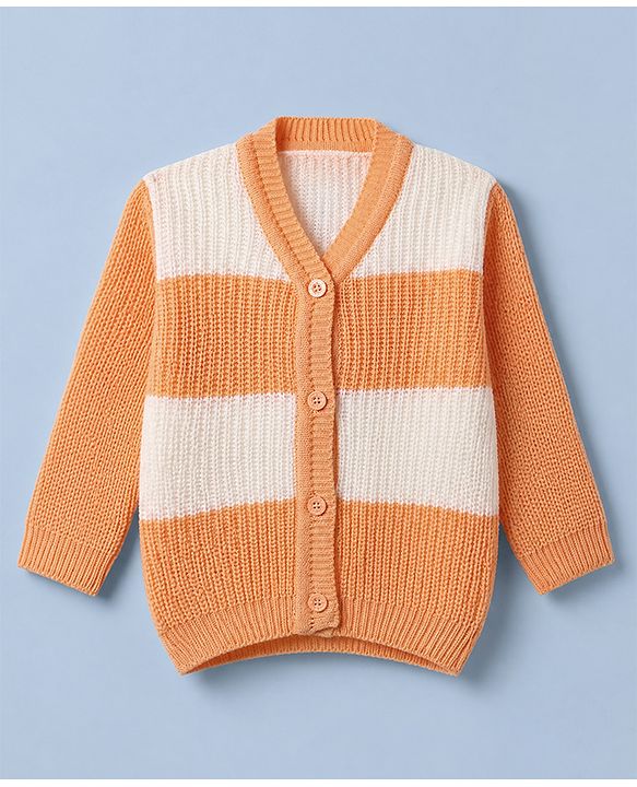 Babyhug Knit Sweater Set Cap and Booties With Full Sleeves and Stripes Design in Orange
