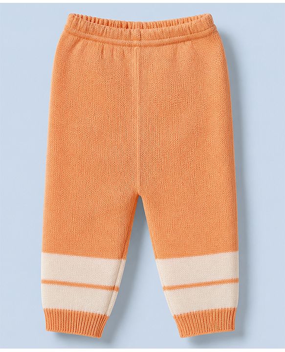 Babyhug Knit Sweater Set Cap and Booties With Full Sleeves and Stripes Design in Orange