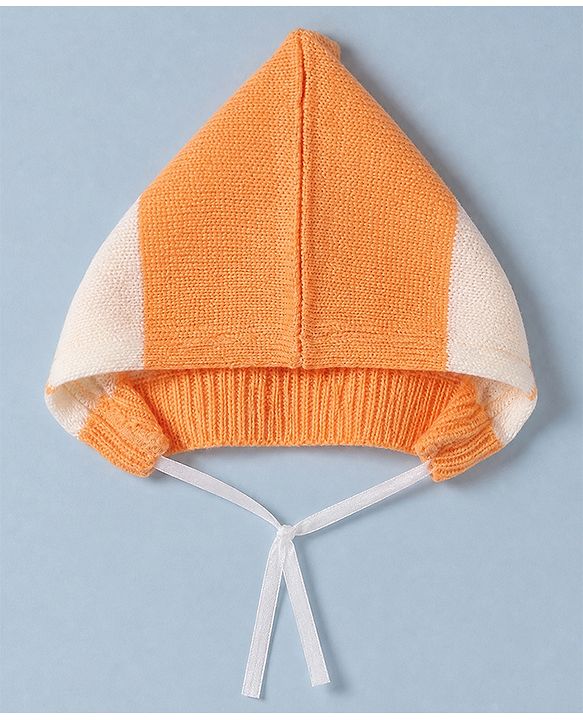 Babyhug Knit Sweater Set Cap and Booties With Full Sleeves and Stripes Design in Orange