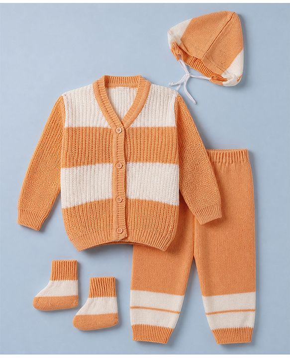 Babyhug Knit Sweater Set Cap and Booties With Full Sleeves and Stripes Design in Orange