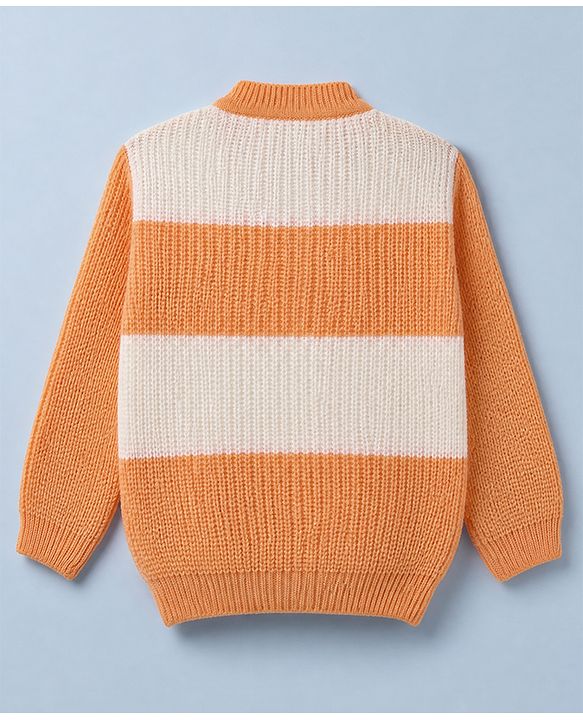 Babyhug Knit Sweater Set Cap and Booties With Full Sleeves and Stripes Design in Orange