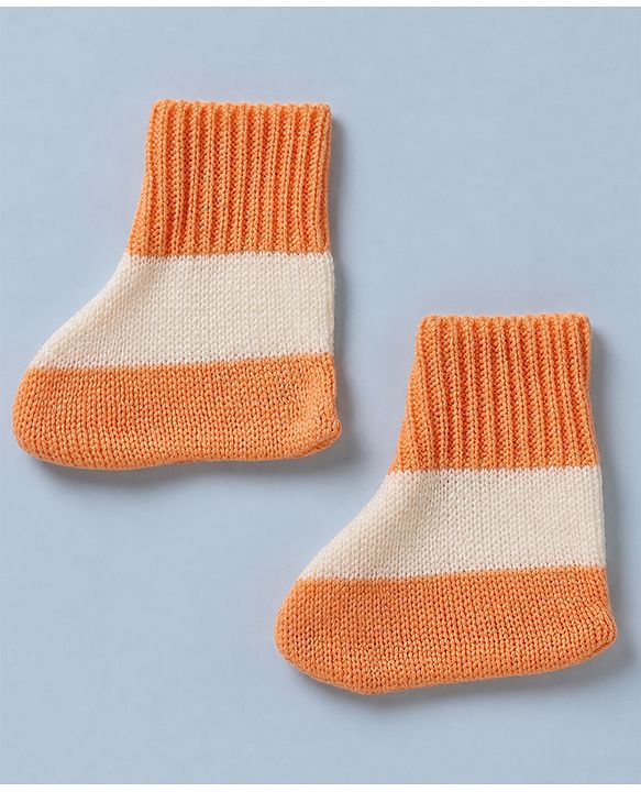 Babyhug Knit Sweater Set Cap and Booties With Full Sleeves and Stripes Design in Orange