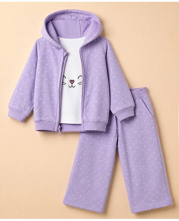 Babyhug 100% Cotton Terry Knit Full Sleeves Jacket With Inner Tee & Pant Set with Cat Print - Purple