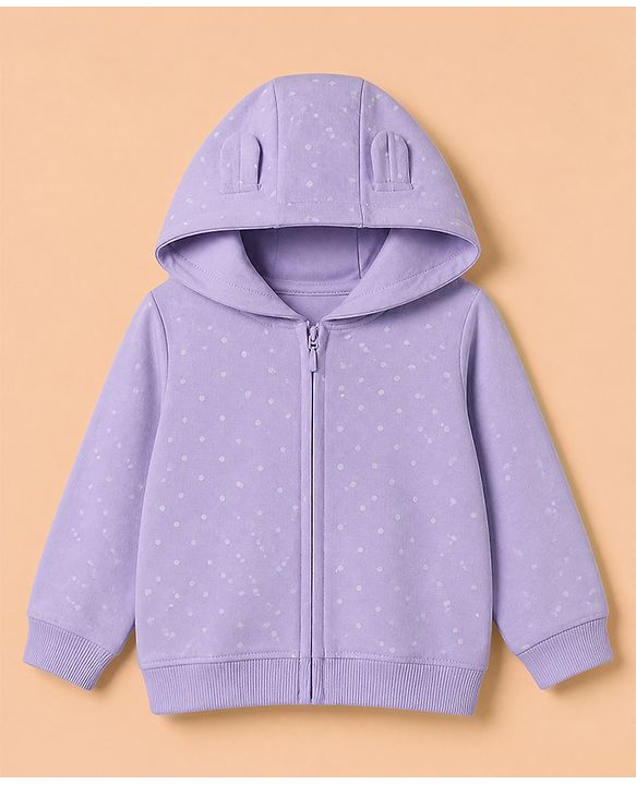 Babyhug 100% Cotton Terry Knit Full Sleeves Jacket With Inner Tee & Pant Set with Cat Print - Purple