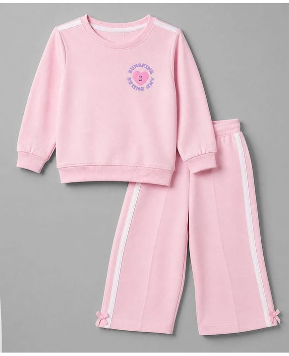 Babyhug 100% Cotton Terry Knit Full Sleeves Top & Pant Set With Text Print - Pink