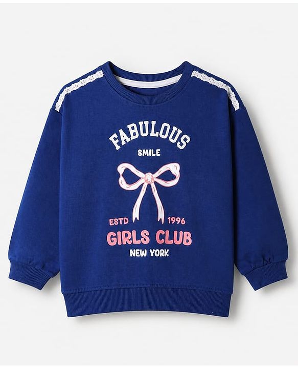 Babyhug Velour Knit Full Sleeves Winter Wear Suit With Bow Print - Navy Blue