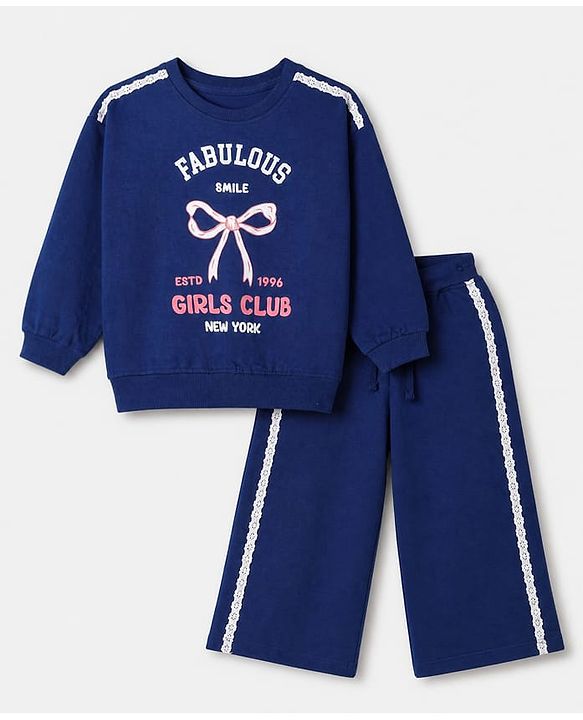 Babyhug Velour Knit Full Sleeves Winter Wear Suit With Bow Print - Navy Blue