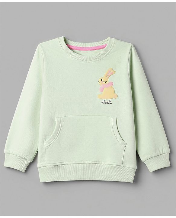 Babyhug Terry Knit Full Sleeves Top With Rabbit Patch & Pants Set - Light Green