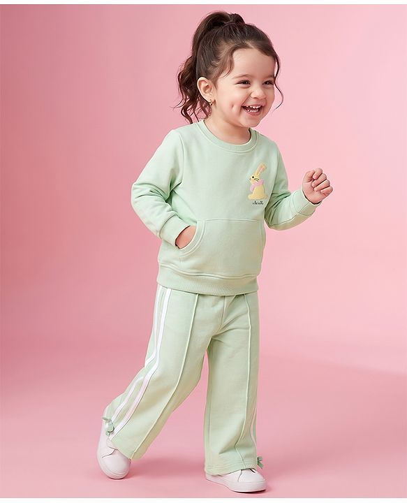 Babyhug Terry Knit Full Sleeves Top With Rabbit Patch & Pants Set - Light Green