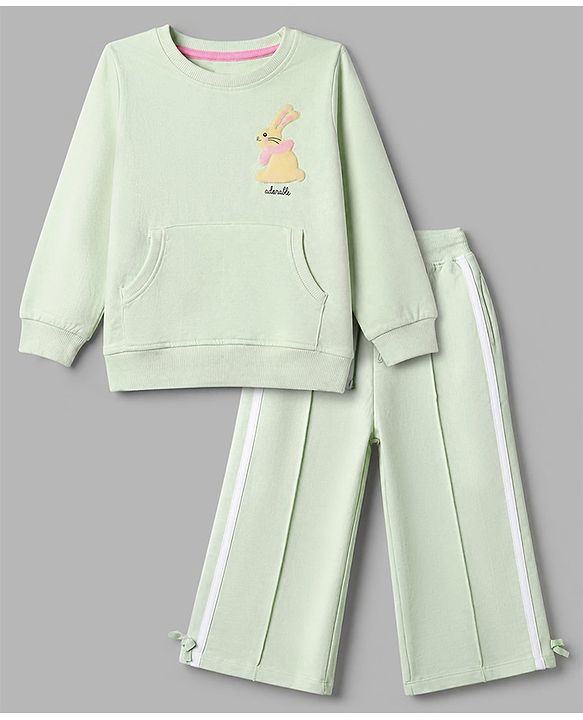Babyhug Terry Knit Full Sleeves Top With Rabbit Patch & Pants Set - Light Green