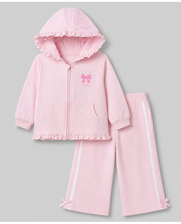 Babyhug 100% Cotton Terry Knit Full Sleeves Hooded Jacket & Legging With Bow - Pink