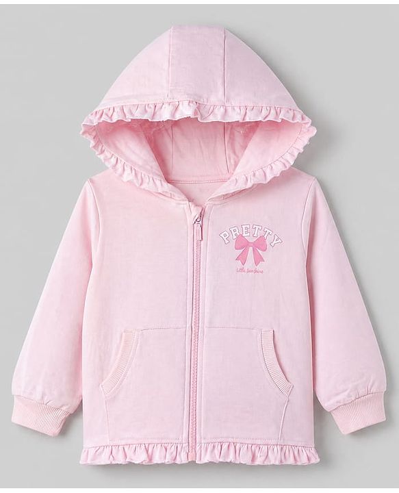 Babyhug 100% Cotton Terry Knit Full Sleeves Hooded Jacket & Legging With Bow - Pink