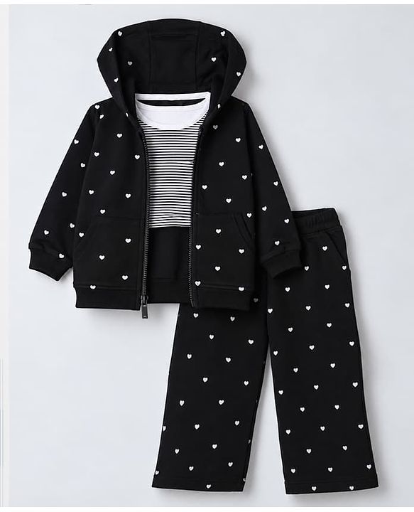 Babyhug 100% Cotton Terry Knit Full Sleeves Top and Pant Set with Hearts Print & Hooded Jacket in Black