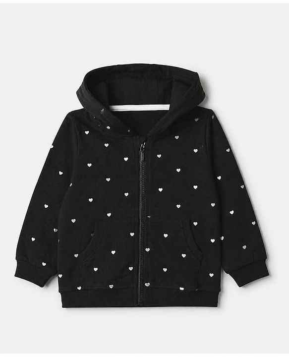 Babyhug 100% Cotton Terry Knit Full Sleeves Top and Pant Set with Hearts Print & Hooded Jacket in Black