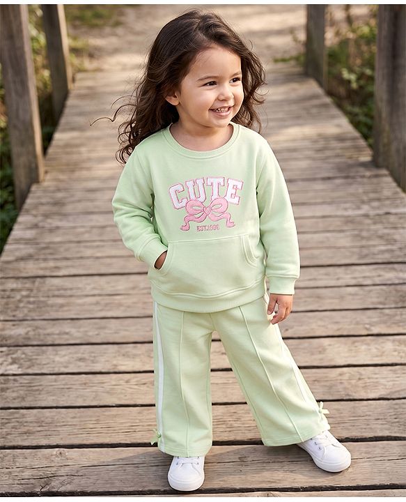 Babyhug Terry Knit Full Sleeves Top With Bow & Text Embroidery & Pant Set - Light Green