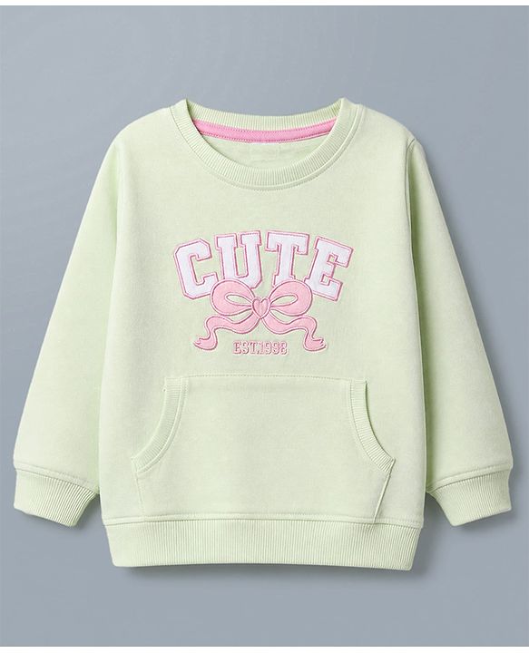 Babyhug Terry Knit Full Sleeves Top With Bow & Text Embroidery & Pant Set - Light Green