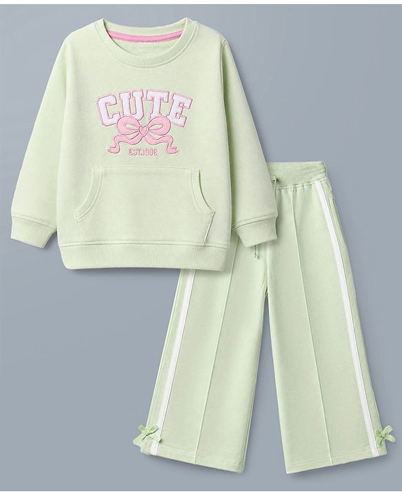 Babyhug Terry Knit Full Sleeves Top With Bow & Text Embroidery & Pant Set - Light Green