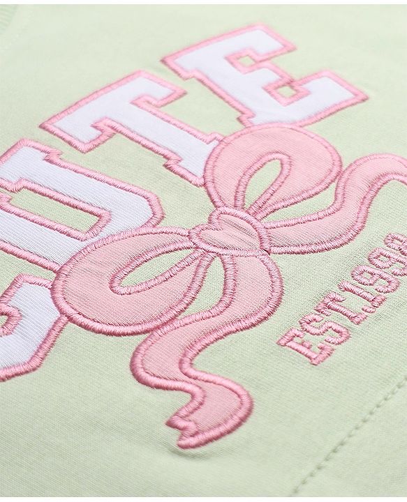 Babyhug Terry Knit Full Sleeves Top With Bow & Text Embroidery & Pant Set - Light Green