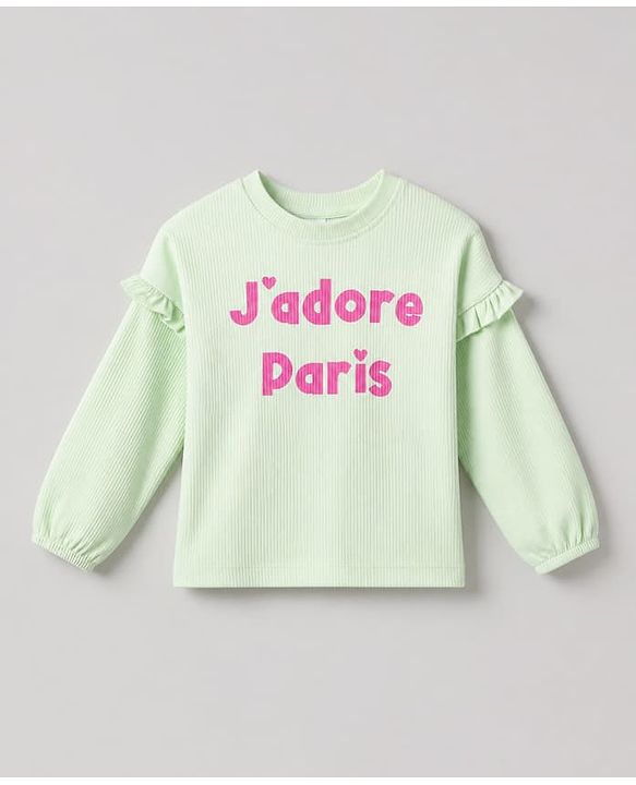 Babyhug 100% Cotton Terry Knit Ribbed Full Sleeves Top and Pant with J'Adore Paris Text & Cherry Print - Light Green