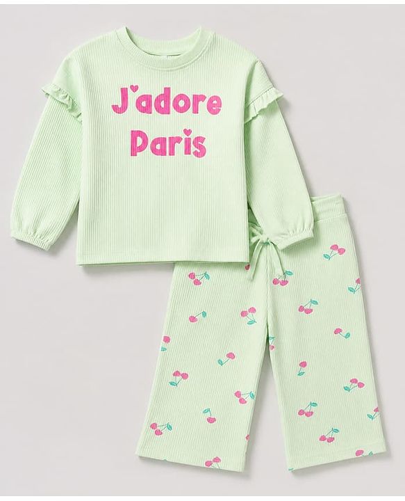 Babyhug 100% Cotton Terry Knit Ribbed Full Sleeves Top and Pant with J'Adore Paris Text & Cherry Print - Light Green