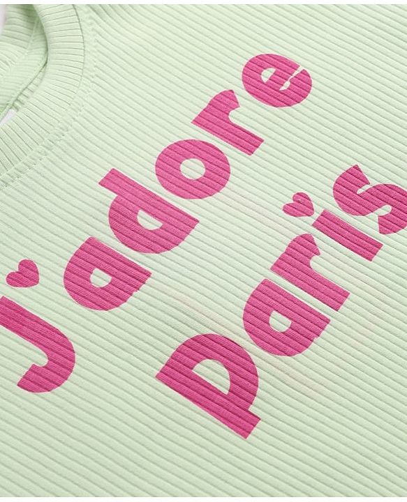 Babyhug 100% Cotton Terry Knit Ribbed Full Sleeves Top and Pant with J'Adore Paris Text & Cherry Print - Light Green